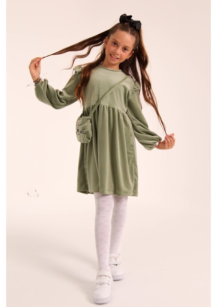 Kedi Desenli Çantalı Kız Çocuk Kadife Elbise Çağla fiyatları