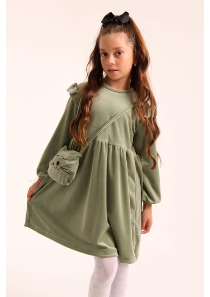 Kedi Desenli Çantalı Kız Çocuk Kadife Elbise Çağla modelleri