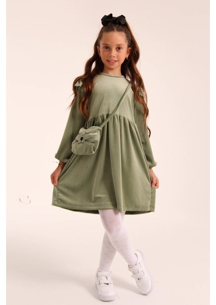 Kedi Desenli Çantalı Kız Çocuk Kadife Elbise Çağla fırsatları