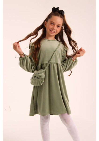 Kedi Desenli Çantalı Kız Çocuk Kadife Elbise Çağla indirimleri