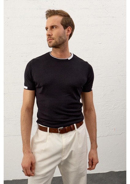 Erkek Garnili Slim-Fit Kalıp Yazlık Triko T-Shirt Koyu Lacivert - 5021DNGR