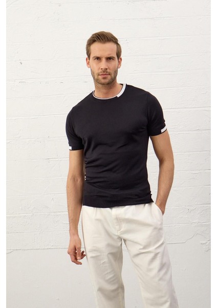 Erkek Garnili Slim-Fit Kalıp Yazlık Triko T-Shirt Koyu Lacivert - 5021DNGR fiyatları