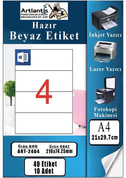 A4 Hazır Etiket 210X74.25 mm 10 Sayfa 1 Paket 4 Lü Kendinden Yapışkanlı Fotokopi Lazer Inkjet Kağıdı Yazıcılar Için Uyumlu