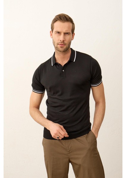 Erkek Çizgili Slim-Fit Kalıp Polo Yaka Yazlık Triko T-Shirt Siyah - 5005DNGR