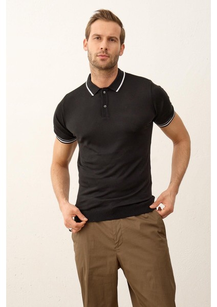 Erkek Çizgili Slim-Fit Kalıp Polo Yaka Yazlık Triko T-Shirt Siyah - 5005DNGR modelleri