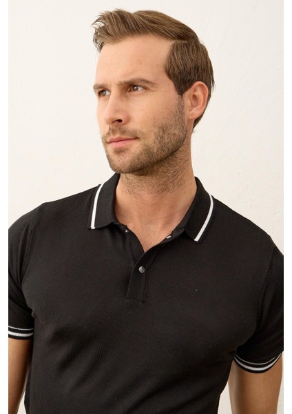 Erkek Çizgili Slim-Fit Kalıp Polo Yaka Yazlık Triko T-Shirt Siyah - 5005DNGR fırsatları