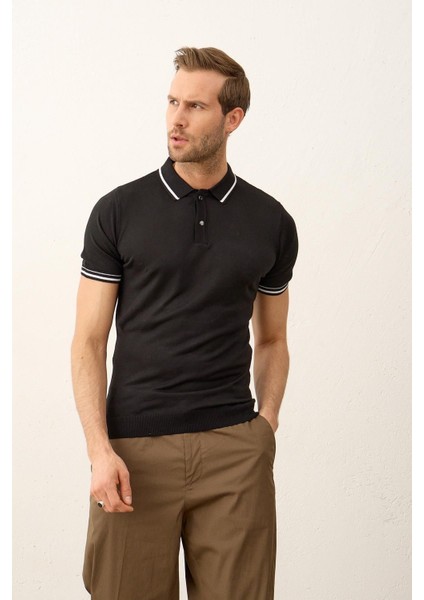 Erkek Çizgili Slim-Fit Kalıp Polo Yaka Yazlık Triko T-Shirt Siyah - 5005DNGR indirimleri