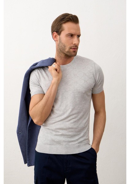 Erkek Kare Desenli Slim-Fit Yazlık Triko T-Shirt Gri - 5020DNGR