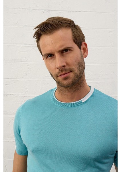 Erkek Garnili Slim-Fit Kalıp Yazlık Triko T-Shirt Aqua - 5021DNGR modelleri