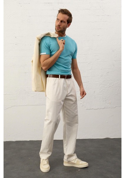 Erkek Garnili Slim-Fit Kalıp Yazlık Triko T-Shirt Aqua - 5021DNGR fırsatları