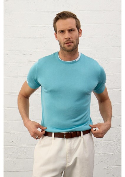 Erkek Garnili Slim-Fit Kalıp Yazlık Triko T-Shirt Aqua - 5021DNGR indirimleri