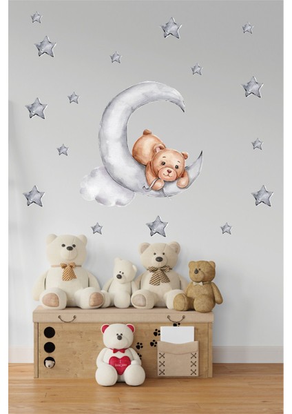 Ayda Uzanan Sevimli Ayıcık Bulut ve Yıldız Temalı Çocuk Odası Duvar Sticker Seti Duvar Çıkartması