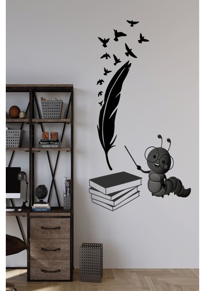 Siyah Beyaz Kuş Kitap Tüy Tırtıl Temalı Çocuk Salon Oturma Odası Duvar Sticker Seti Duvar Çıkartması