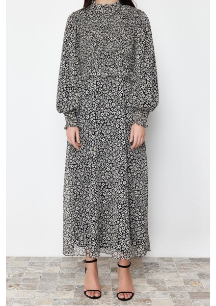 Moda Regular Casual Günlük Şifon Dokuma Dik Yaka Uzun Kol A-Line Maxi Boy Tesettür Elbise