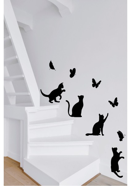 Merdivende Oynayan Siyah Kediler ve Kelebekler Çocuk Odası Duvar Sticker Seti Duvar Çıkartması