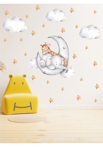 Ay Üzerinde Uyuyan Sevimli Fil ve Zürafa Çocuk Odası Duvar Sticker Seti Duvar Çıkartması