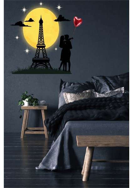 Günbatımı Eyfel Kulesi Güneş Bulut Yıldız ve Kalp Temalı Siyah Beyaz Yatak Odası Duvar Sticker Seti