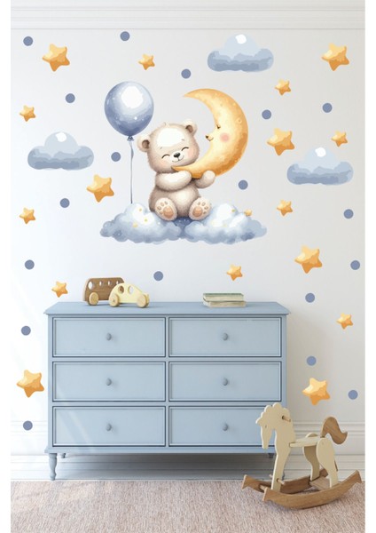Sevimli Ayıcık Gökyüzünde Çocuk Odası Sticker Seti Duvar Sticker Etiket