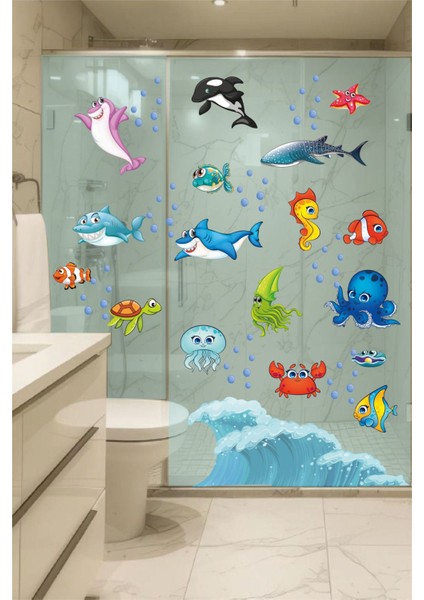 Deniz Canlıları Sevimli Balıklar ve Su Damlaları Çocuk Odası Banyo Duvar Sticker Duvar Çıkartması