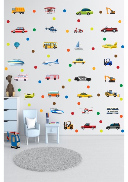 Sevimli Taşıtlar Araçlar ve Daire Desen Temalı Çocuk Odası Duvar Sticker Seti Duvar Çıkartması