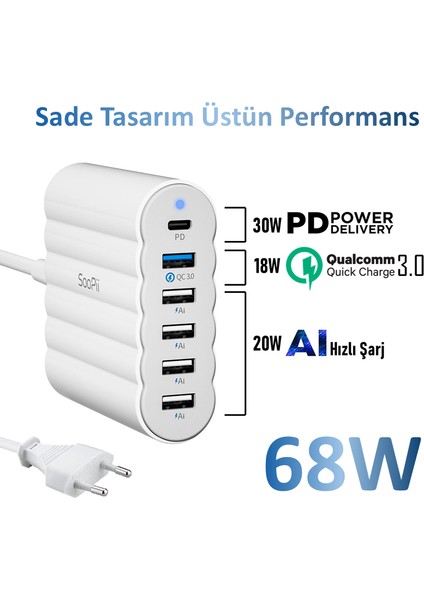 CS63 PD3.0+QC3.0+PPS 68W 6 Port Taşınabilir USB Çoklu Şarj İstasyonu Şarj Stantı Hub