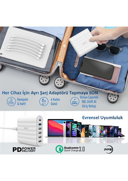 CS63 PD3.0+QC3.0+PPS 68W 6 Port Taşınabilir USB Çoklu Şarj İstasyonu Şarj Stantı Hub