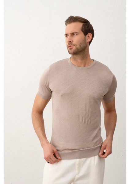 Erkek Çizgili Bisiklet Yaka Slim-Fit Kalıp Ince Triko Tişört Vizon - 5013DNGR fiyatları