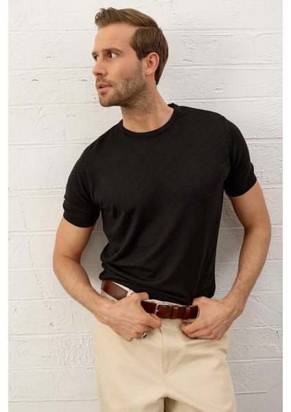 Erkek Çizgili Bisiklet Yaka Slim-Fit Kalıp Ince Triko T-Shirt Siyah - 5013DNGR modelleri