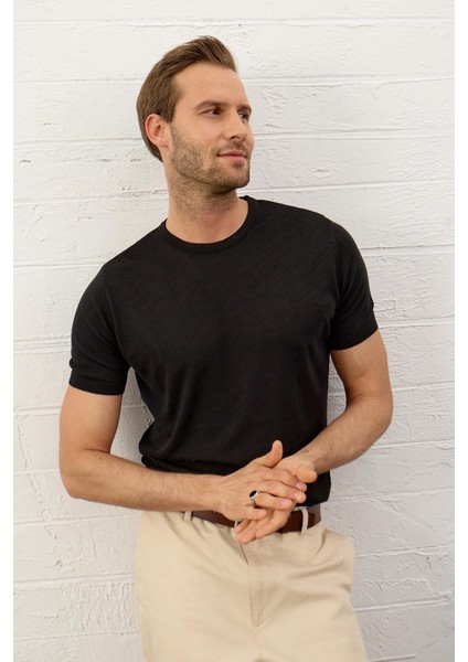 Erkek Çizgili Bisiklet Yaka Slim-Fit Kalıp Ince Triko T-Shirt Siyah - 5013DNGR indirimleri