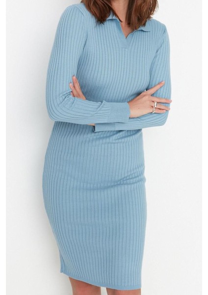Moda Slim Casual Günlük Fitilli Triko Polo Yaka Uzun Kol Bodycone Midi Boy Elbise fiyatları