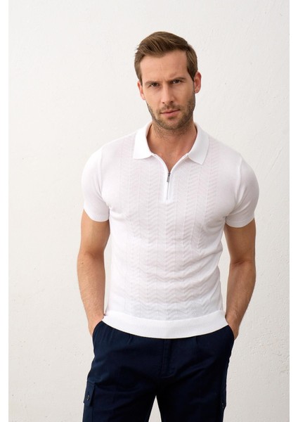 Erkek Slim-Fit Kalıp Polo Yaka Yazlık Triko T-Shirt Beyaz - 5006DNGR