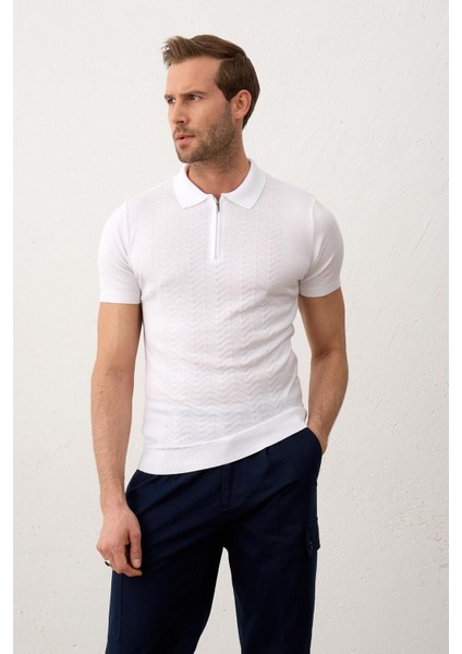 Erkek Slim-Fit Kalıp Polo Yaka Yazlık Triko T-Shirt Beyaz - 5006DNGR modelleri