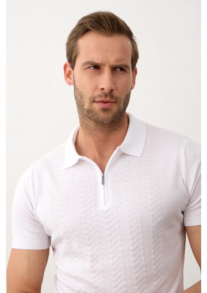 Erkek Slim-Fit Kalıp Polo Yaka Yazlık Triko T-Shirt Beyaz - 5006DNGR fırsatları