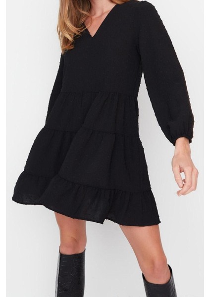 Moda Rahat Casual Günlük Aerobin Dokuma V Yaka Uzun Kol Shift Mini Boy Elbise