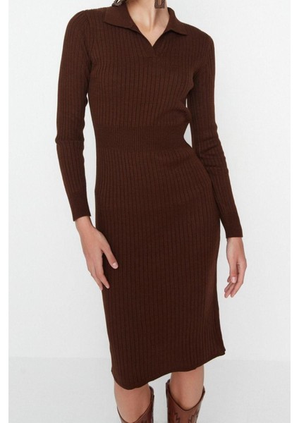 Moda Slim Casual Günlük Fitilli Triko Polo Yaka Uzun Kol Bodycone Midi Boy Elbise