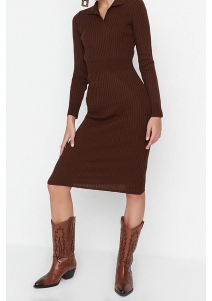 Moda Slim Casual Günlük Fitilli Triko Polo Yaka Uzun Kol Bodycone Midi Boy Elbise fiyatları