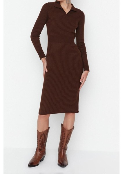 Moda Slim Casual Günlük Fitilli Triko Polo Yaka Uzun Kol Bodycone Midi Boy Elbise modelleri