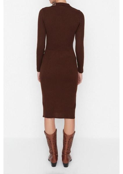Moda Slim Casual Günlük Fitilli Triko Polo Yaka Uzun Kol Bodycone Midi Boy Elbise indirimleri