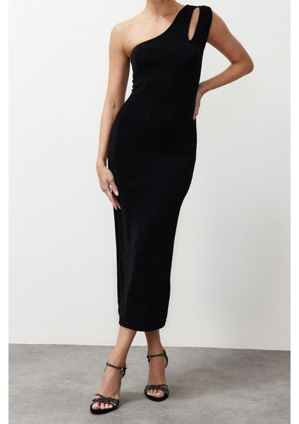 Moda Slim Mezuniyet Balo Simli Örme Örme Asimetrik Yaka Kolsuz Kol Bodycone Maxi Elbise