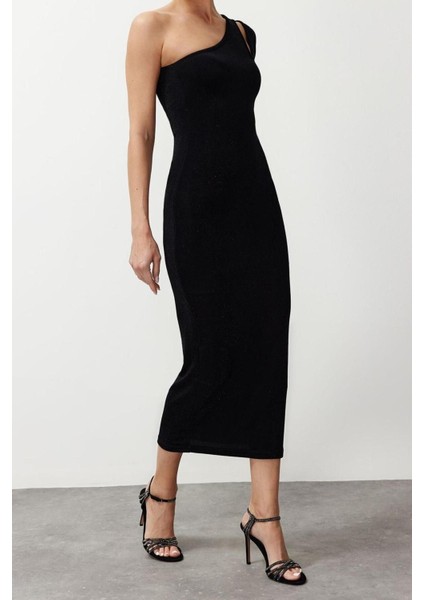 Moda Slim Mezuniyet Balo Simli Örme Örme Asimetrik Yaka Kolsuz Kol Bodycone Maxi Elbise