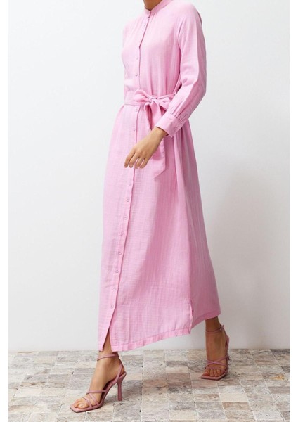 Moda Regular Casual Günlük Müslin Dokuma Bisiklet Yaka Uzun Kol Shift Maxi Boy Tesettür Elbise