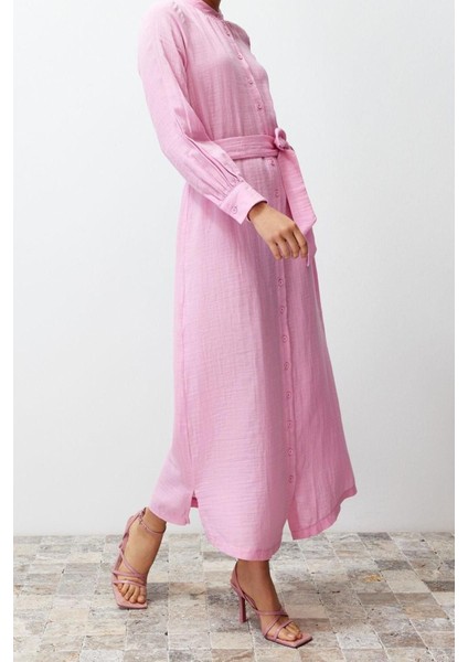 Moda Regular Casual Günlük Müslin Dokuma Bisiklet Yaka Uzun Kol Shift Maxi Boy Tesettür Elbise