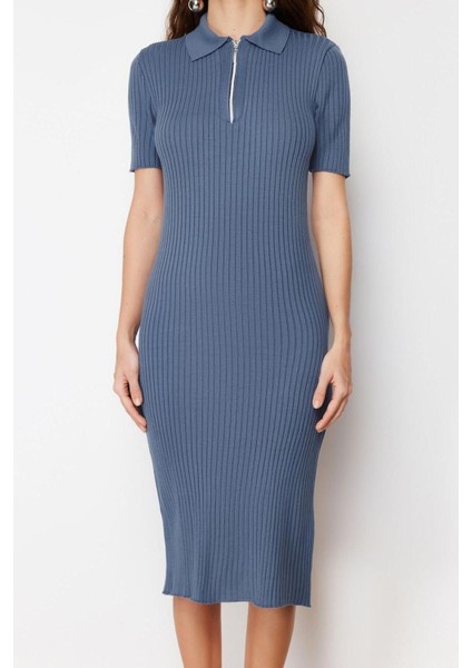 Moda Regular Casual Günlük Tek Plaka Triko Polo Yaka Kısa Kol Shift Midi Boy Elbise