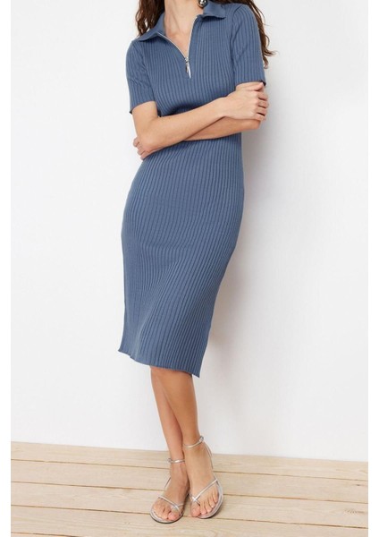Moda Regular Casual Günlük Tek Plaka Triko Polo Yaka Kısa Kol Shift Midi Boy Elbise