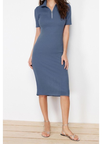 Moda Regular Casual Günlük Tek Plaka Triko Polo Yaka Kısa Kol Shift Midi Boy Elbise