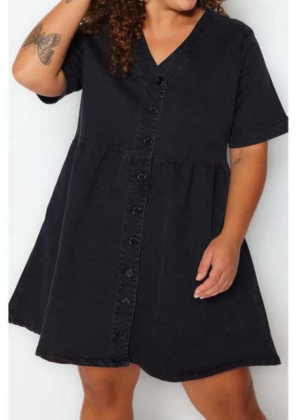 Moda Rahat Casual Günlük Comfort Denim V Yaka Kısa Kol A-Line Mini Boy Büyük Beden Elbise fiyatları