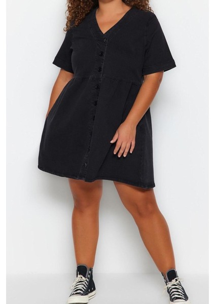 Moda Rahat Casual Günlük Comfort Denim V Yaka Kısa Kol A-Line Mini Boy Büyük Beden Elbise modelleri
