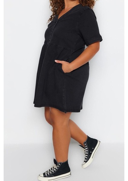 Moda Rahat Casual Günlük Comfort Denim V Yaka Kısa Kol A-Line Mini Boy Büyük Beden Elbise fırsatları