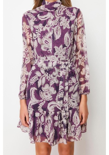 Moda Regular Gündüz Gece Şifon Dokuma Dik Yaka Uzun Kol Skater Mini Boy Elbise