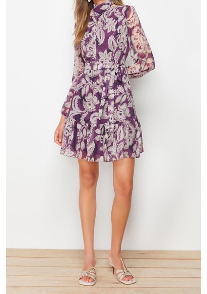 Moda Regular Gündüz Gece Şifon Dokuma Dik Yaka Uzun Kol Skater Mini Boy Elbise fiyatları